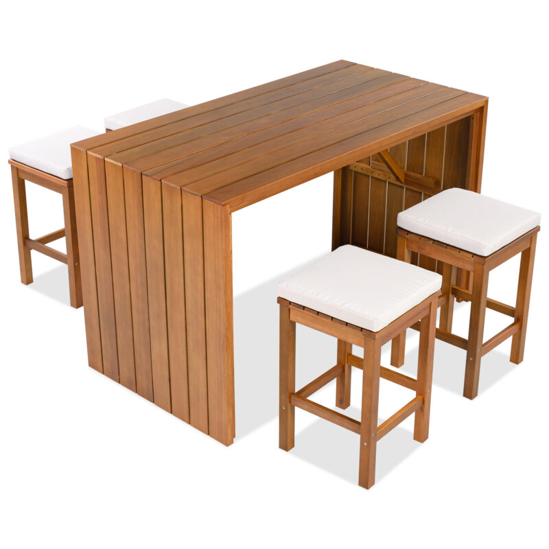 5 Piece Outdoor Bar Set, Patio Acacia Wood Bar Height Table & Four Stools with Cushions, Wood Dining Bar Set for Backyard, Poolside, Balcony, Beige Cushion and Natural Wood - Image 6