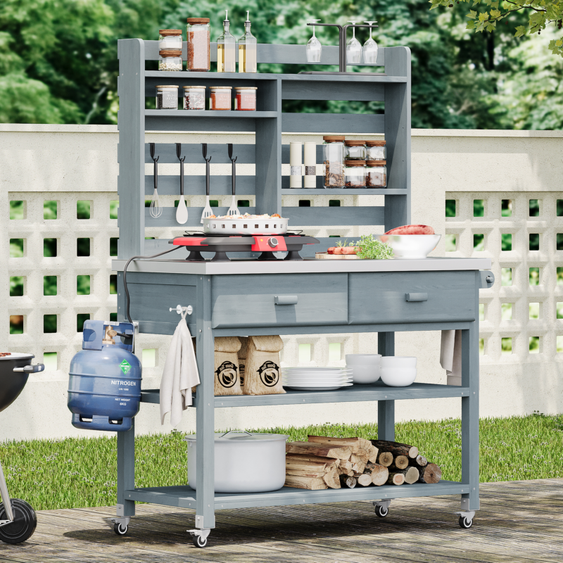 K&K 64.9"H Outdoor Potting Bench Table with Lockable Wheels, Solid Wood Outdoor Kitchen Island with Upper Hutch, Stainless Steel Top, Towel Rack ,Outdoor Storage for Grilling, Lawn Garden -Grey Blue - Image 3