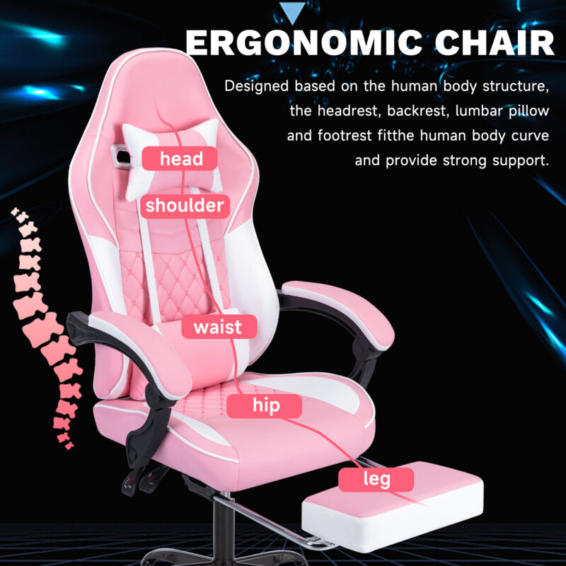 Ergonomic Video Gamer Chairs,Computer Gaming Chairs with Massage Lumbar Support and footrest,Racing Style Computer Chair Adjustable Headrest for Adults,Pink White - Image 2