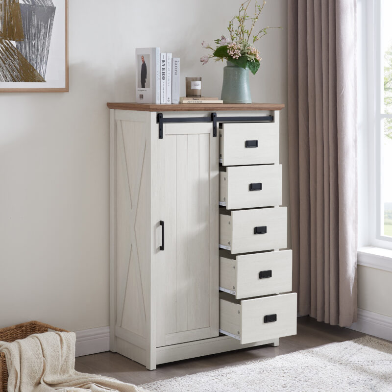 5 Drawers Dresser w/Sliding Barn Door, Farmhouse Modern Tall Dresser 5 Chest of Drawers, Storage Organizer Dresser for Bedroom, Hallway, Living Room, Kids Room WHITE - Image 3