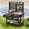 K&K 64.9"H Outdoor Potting Bench Table with Lockable Wheels, Solid Wood Outdoor Kitchen Island with Upper Hutch, Stainless Steel Top, Towel Rack ,Outdoor Storage for Grilling, Lawn Garden -Grey Blue - Image 24