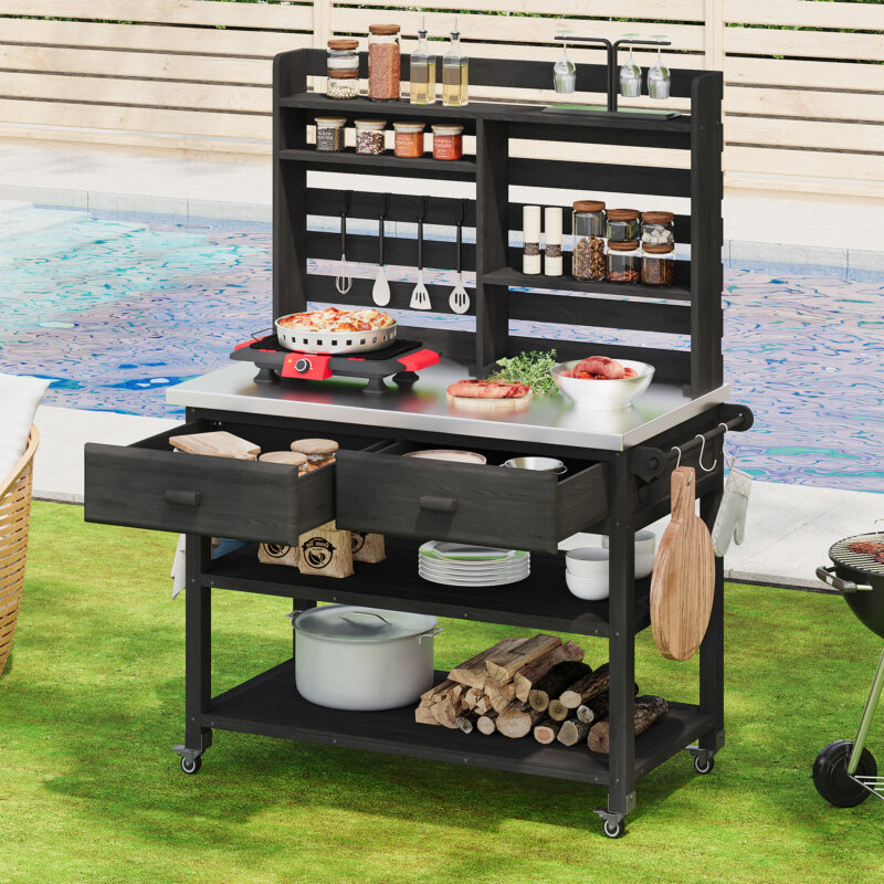 K&K 64.9"H Outdoor Potting Bench Table with Lockable Wheels, Solid Wood Outdoor Kitchen Island with Upper Hutch, Stainless Steel Top, Towel Rack ,Outdoor Storage for Grilling, Lawn Garden -Grey Blue - Image 24