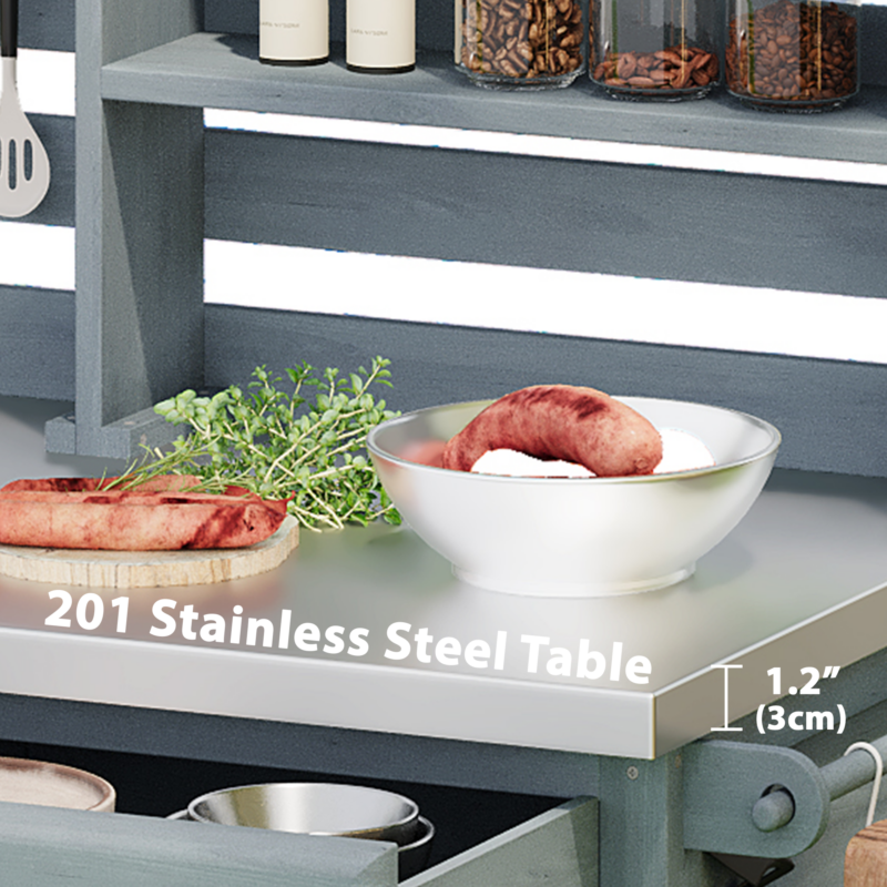 K&K 64.9"H Outdoor Potting Bench Table with Lockable Wheels, Solid Wood Outdoor Kitchen Island with Upper Hutch, Stainless Steel Top, Towel Rack ,Outdoor Storage for Grilling, Lawn Garden -Grey Blue - Image 14