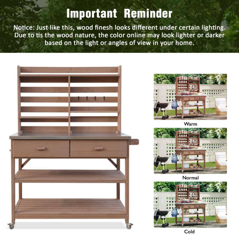 K&K 64.9"H Outdoor Potting Bench Table with Lockable Wheels, Solid Wood Outdoor Kitchen Island with Upper Hutch, Stainless Steel Top, Towel Rack ,Outdoor Storage for Grilling, Lawn Garden -Grey Blue - Image 47