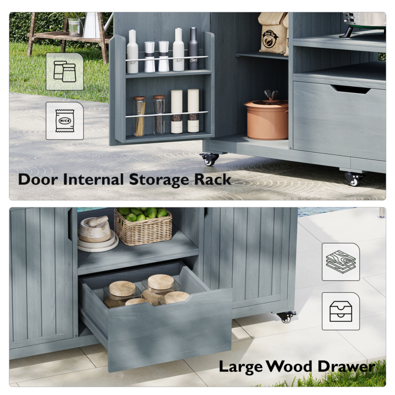K&K 66.5" Outdoor Kitchen Island for Big Green Egg Grills, Solid Wood Outdoor Grill Cart for Tabletop Grill with Stainless Steel Top, Drawer, Compatible with Large Big Green Egg, Kamado Joe- Grey Blue - Image 11