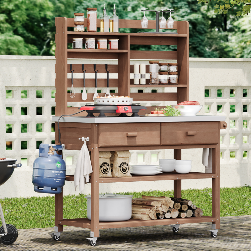 K&K 64.9"H Outdoor Potting Bench Table with Lockable Wheels, Solid Wood Outdoor Kitchen Island with Upper Hutch, Stainless Steel Top, Towel Rack ,Outdoor Storage for Grilling, Lawn Garden -Grey Blue - Image 36
