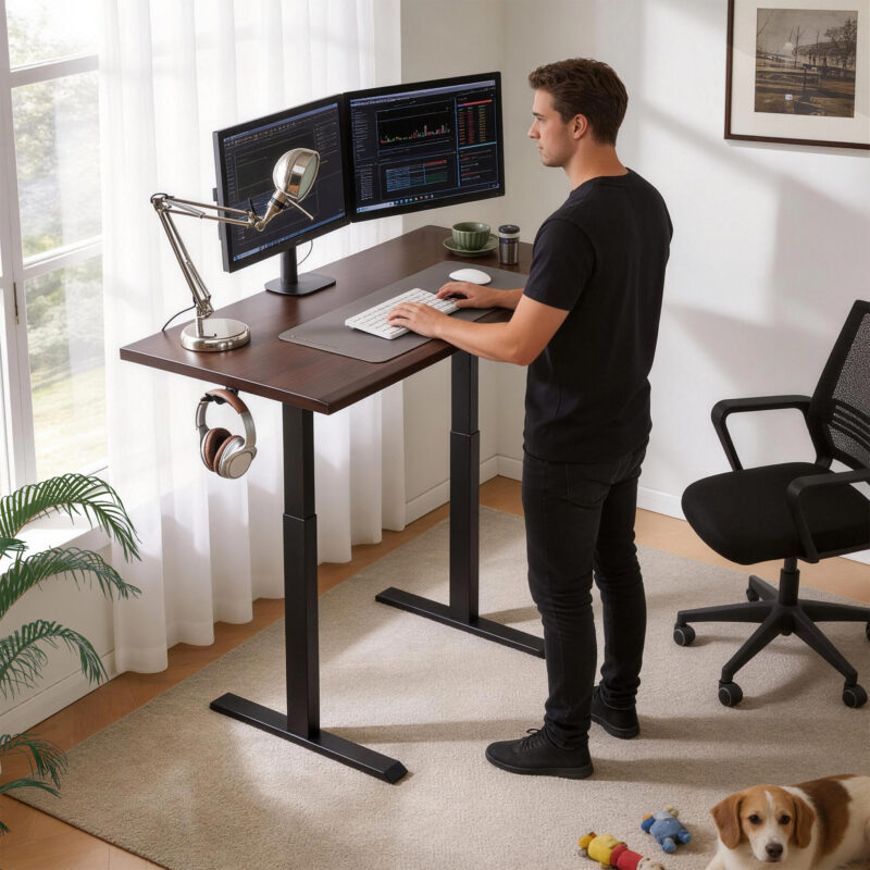 Solid Rubberwood Electric Standing Desk, Adjustable Height Sit Stand Desk with Single Motor, Ergonomic Home Office Desk with 2-Tier Legs - Image 2