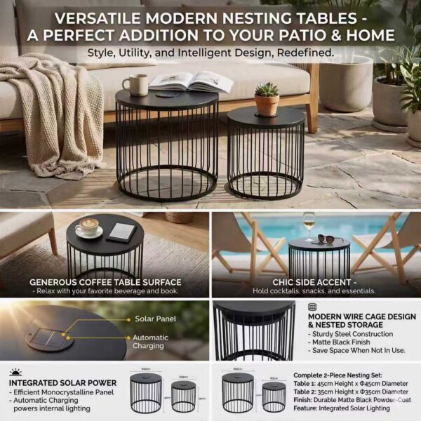 2-Pack Solar Powered Nesting Side Table Set, Modern Round End Tables with Solar LED Lights, Metal Wire Cage Accent Tables, Indoor/Outdoor Patio Nightstand for Living Room, Balcony, Garden, Matte Black