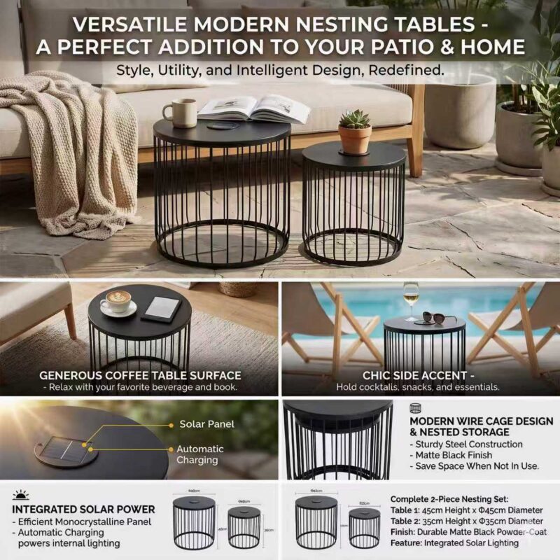 2-Pack Solar Powered Nesting Side Table Set, Modern Round End Tables with Solar LED Lights, Metal Wire Cage Accent Tables, Indoor/Outdoor Patio Nightstand for Living Room, Balcony, Garden, Matte Black - Image 4
