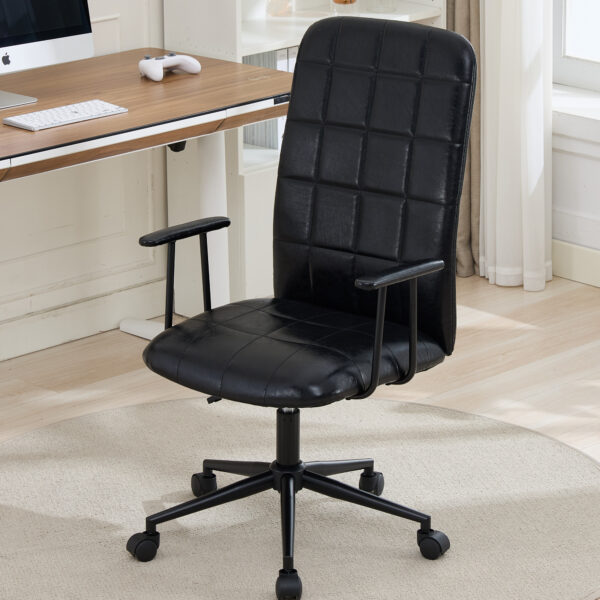 Antique black PU leather color office chair, with armrest, high backrest, soft foam seating, 360 degree swivel , up and down adjustable gaslift,black powder coated frame,five star base, black wheels
