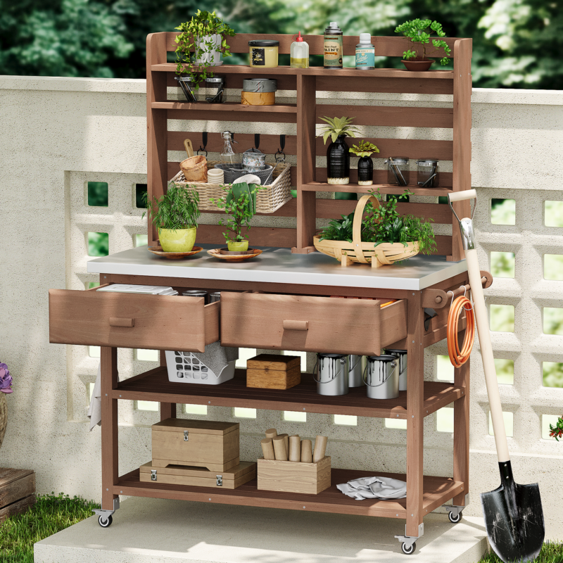 K&K 64.9"H Outdoor Potting Bench Table with Lockable Wheels, Solid Wood Outdoor Kitchen Island with Upper Hutch, Stainless Steel Top, Towel Rack ,Outdoor Storage for Grilling, Lawn Garden -Grey Blue - Image 35