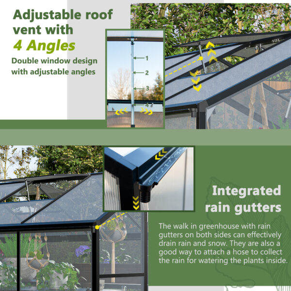 6x8 FT Greenhouse for Outdoors, Polycarbonate Greenhouse with Quick Setup Structure and Roof Vent, Aluminum Large Walk-in Greenhouse for Outside Garden Backyard, Black