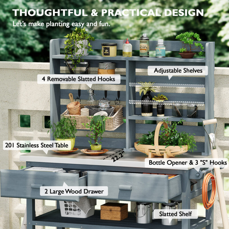 K&K 64.9"H Outdoor Potting Bench Table with Lockable Wheels, Solid Wood Outdoor Kitchen Island with Upper Hutch, Stainless Steel Top, Towel Rack ,Outdoor Storage for Grilling, Lawn Garden -Grey Blue - Image 6