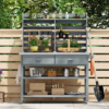 K&K 64.9"H Outdoor Potting Bench Table with Lockable Wheels, Solid Wood Outdoor Kitchen Island with Upper Hutch, Stainless Steel Top, Towel Rack ,Outdoor Storage for Grilling, Lawn Garden -Grey Blue - Image 2