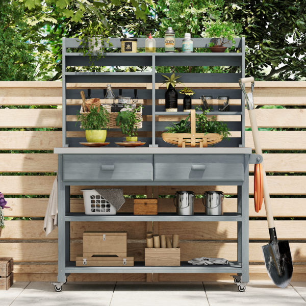 K&K 64.9"H Outdoor Potting Bench Table with Lockable Wheels, Solid Wood Outdoor Kitchen Island with Upper Hutch, Stainless Steel Top, Towel Rack ,Outdoor Storage for Grilling, Lawn Garden -Grey Blue