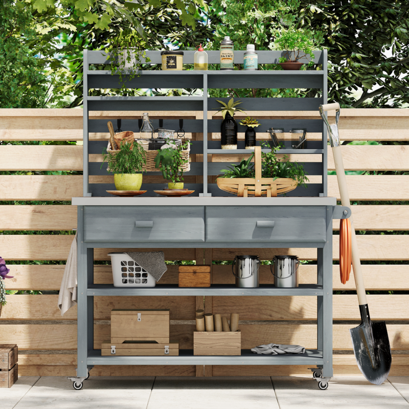 K&K 64.9"H Outdoor Potting Bench Table with Lockable Wheels, Solid Wood Outdoor Kitchen Island with Upper Hutch, Stainless Steel Top, Towel Rack ,Outdoor Storage for Grilling, Lawn Garden -Grey Blue - Image 2