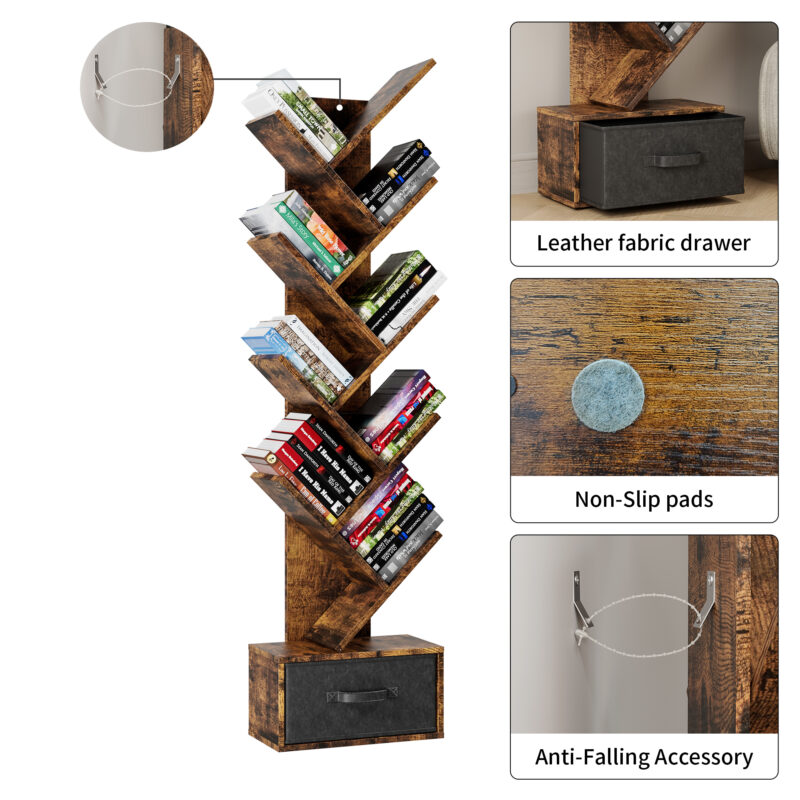 9 Tier Tree Bookshelf with Drawer Bookcase, Modern Book Storage, Free Standing Tree Bookcase, Utility Organizer Shelves for Home Office, Living Room, Bedroom, Rustic Brown - Image 8