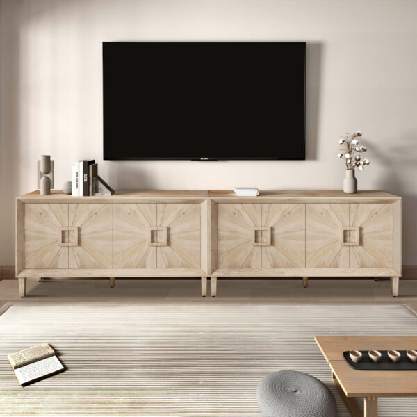 60" Premium Rustic American Farmhouse Credenza in Elegant Black - Symmetrical Sunburst Door Design, Heavy-Duty TV Stand with Adjustable Shelves, Black Wood Storage Cabinet