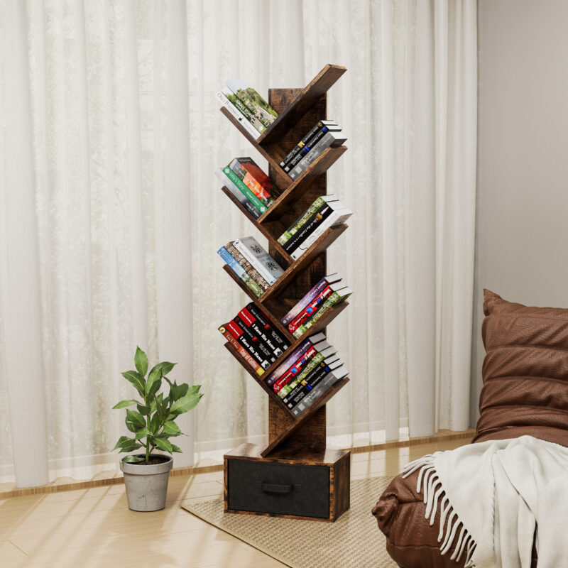 9 Tier Tree Bookshelf with Drawer Bookcase, Modern Book Storage, Free Standing Tree Bookcase, Utility Organizer Shelves for Home Office, Living Room, Bedroom, Rustic Brown - Image 4