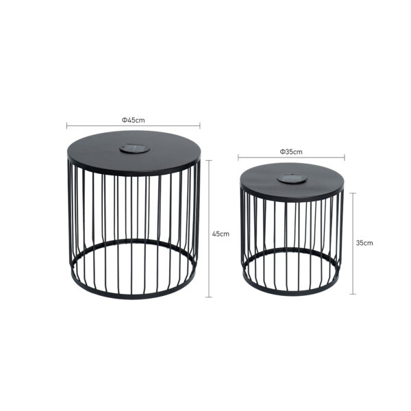 2-Pack Solar Powered Nesting Side Table Set, Modern Round End Tables with Solar LED Lights, Metal Wire Cage Accent Tables, Indoor/Outdoor Patio Nightstand for Living Room, Balcony, Garden, Matte Black