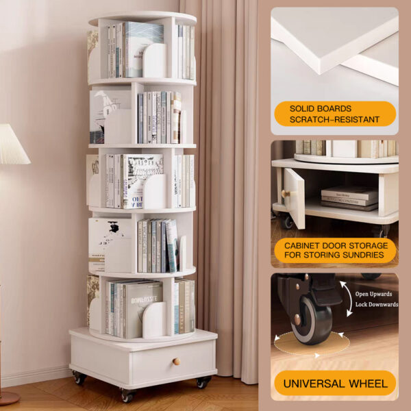 (UPGRADED) Rotating Bookshelf, 360 Display Corner Bookshelf for Small Space, 6 Tier Bookcase Storage Rack with Wheels, Wood Narrow Organizer for Bedroom, Living Room, Study Room, Walnut Brown