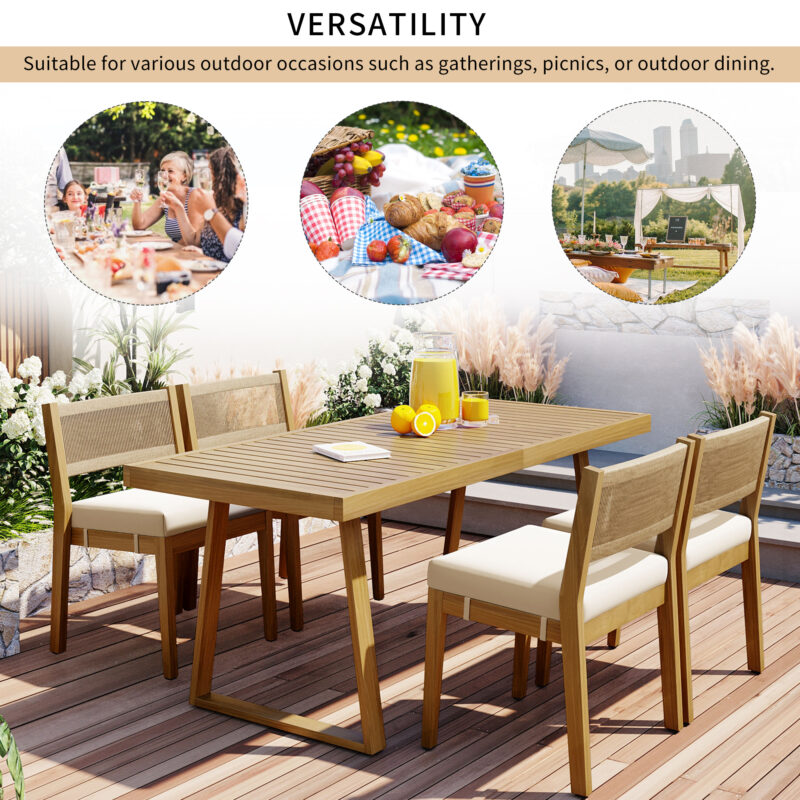 U_Style Multi-person Outdoor Acacia Wood Dining Table and Chair Set, Thick Cushions, Suitable for Balcony, Vourtyard, and Garden - Image 3
