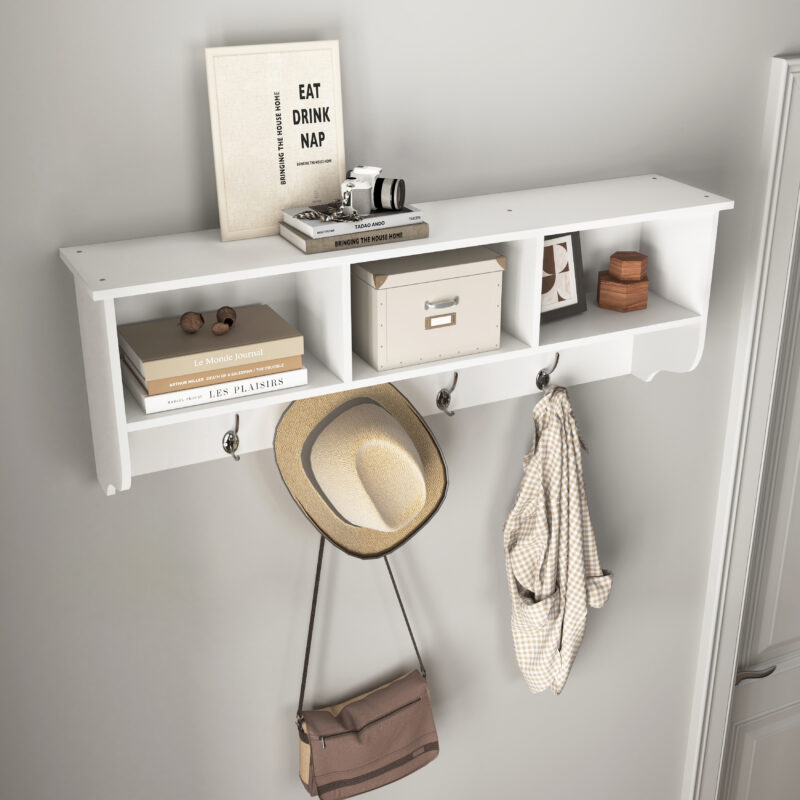 White Entryway Wall Mounted Coat Rack with 4 Dual Hooks Living Room Wooden Storage Shelf - Image 10