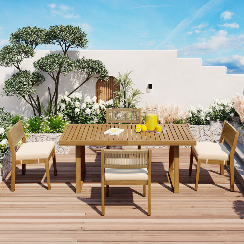 U_Style Multi-person Outdoor Acacia Wood Dining Table and Chair Set, Thick Cushions, Suitable for Balcony, Vourtyard, and Garden - Image 2