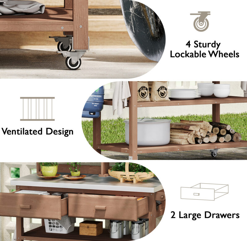 K&K 64.9"H Outdoor Potting Bench Table with Lockable Wheels, Solid Wood Outdoor Kitchen Island with Upper Hutch, Stainless Steel Top, Towel Rack ,Outdoor Storage for Grilling, Lawn Garden -Grey Blue - Image 42
