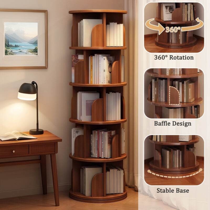 5 Tier Rotating Bookshelf, 360° Display Round Spinning Bookshelf, Space-Saving, Small Space Rotating Bookshelf Tower for Bedroom, Living Room, Home, Office, Wood Color - Image 9