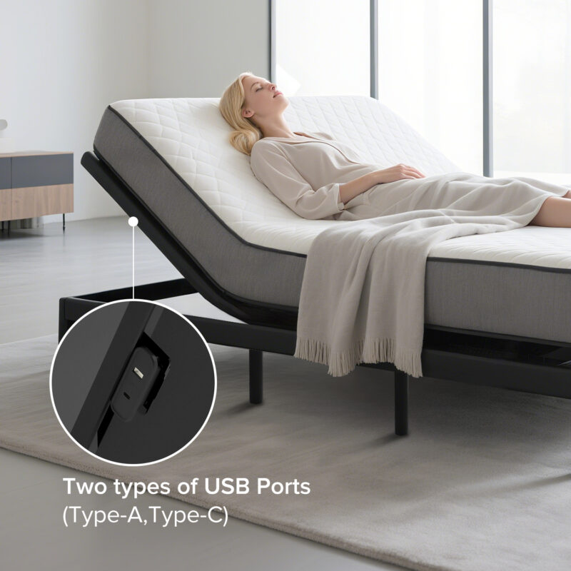 Adjustable Bed Frame with Massage Head & Foot Incline Queen Size Wireless Remote, two types of USB ports: Type-A and Type-C, LED Night Light, 4 Height-Adjustable Legs Easy assembly - Image 8