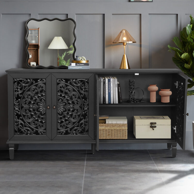 60" Antique Buffet Cabinet with Floral Carvings with Solid Wood Legs&Antique Brass Handles&Adjustable Shelves, TV Stand for 65''+ TV, Sideboard for Living Room,Dining Room (Black) - Image 3