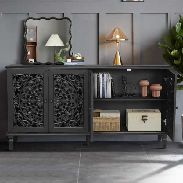 60" Antique Buffet Cabinet with Floral Carvings with Solid Wood Legs&Antique Brass Handles&Adjustable Shelves, TV Stand for 65''+ TV, Sideboard for Living Room,Dining Room (Black)