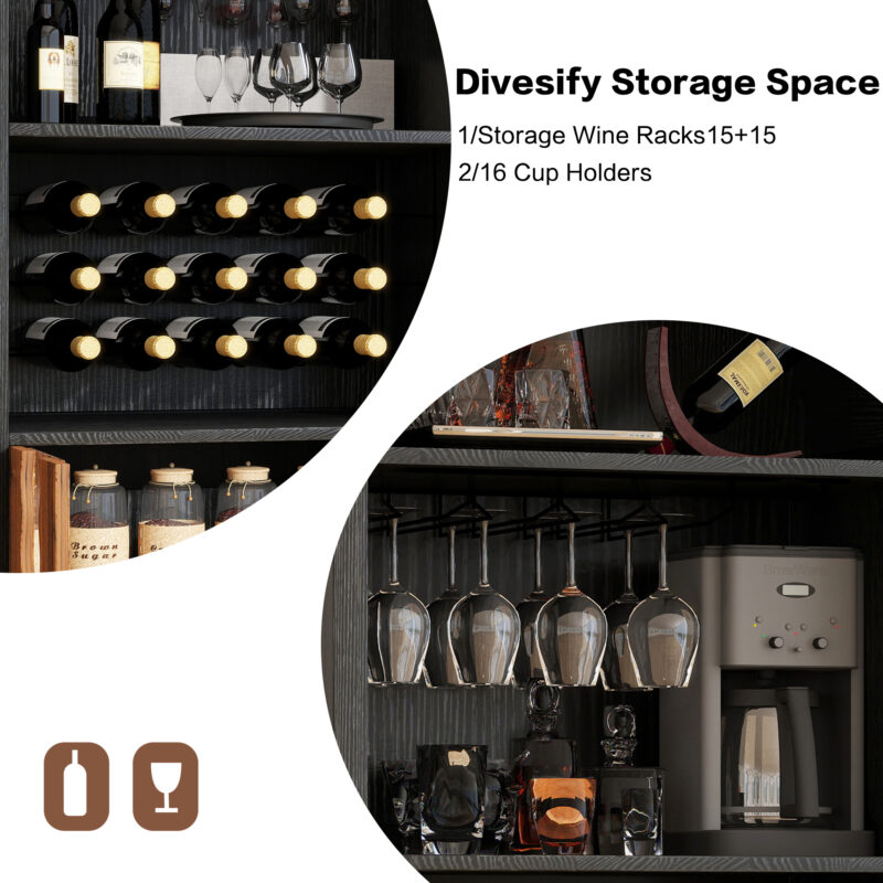 71"Farmhouse Arched Wine Bar Cabinet: tall arched display cabinet , arch black cabinets &coffee bar, whiskey station with wine rack and Wine Glass Holder - Liquor Bars Cabinet for Living Dining Room - Image 5