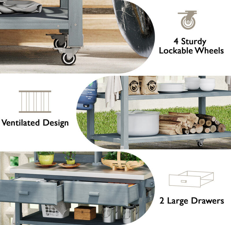 K&K 64.9"H Outdoor Potting Bench Table with Lockable Wheels, Solid Wood Outdoor Kitchen Island with Upper Hutch, Stainless Steel Top, Towel Rack ,Outdoor Storage for Grilling, Lawn Garden -Grey Blue - Image 11