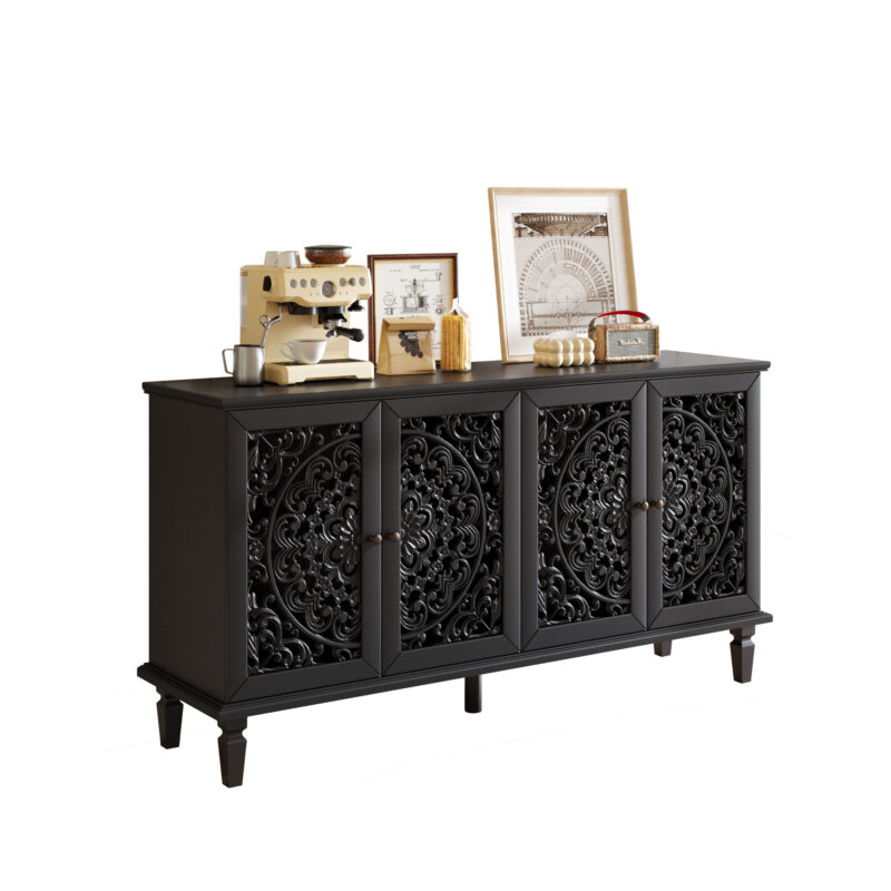 60" Antique Buffet Cabinet with Floral Carvings with Solid Wood Legs&Antique Brass Handles&Adjustable Shelves, TV Stand for 65''+ TV, Sideboard for Living Room,Dining Room (Black) - Image 8
