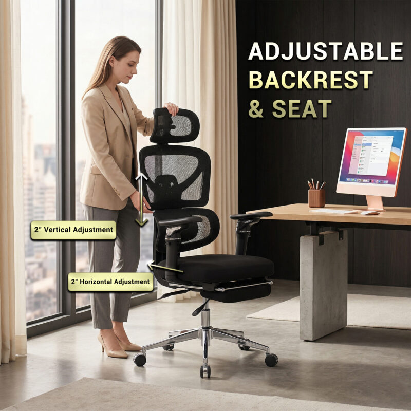 Ergonomic Home Office Desk Chair with Massage Lumbar Support,4D Headrest & 5D Armrests, Adjustable Back High and Seat Depth(Black) - Image 3