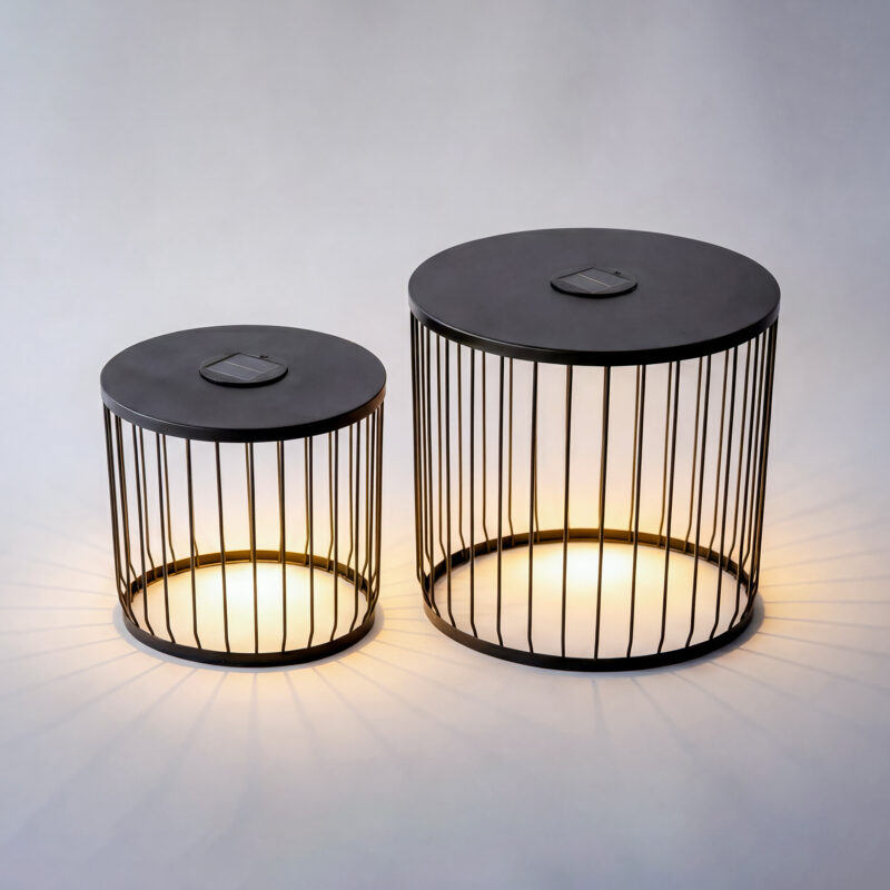 2-Pack Solar Powered Nesting Side Table Set, Modern Round End Tables with Solar LED Lights, Metal Wire Cage Accent Tables, Indoor/Outdoor Patio Nightstand for Living Room, Balcony, Garden, Matte Black - Image 6