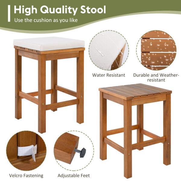 5 Piece Outdoor Bar Set, Patio Acacia Wood Bar Height Table & Four Stools with Cushions, Wood Dining Bar Set for Backyard, Poolside, Balcony, Beige Cushion and Natural Wood