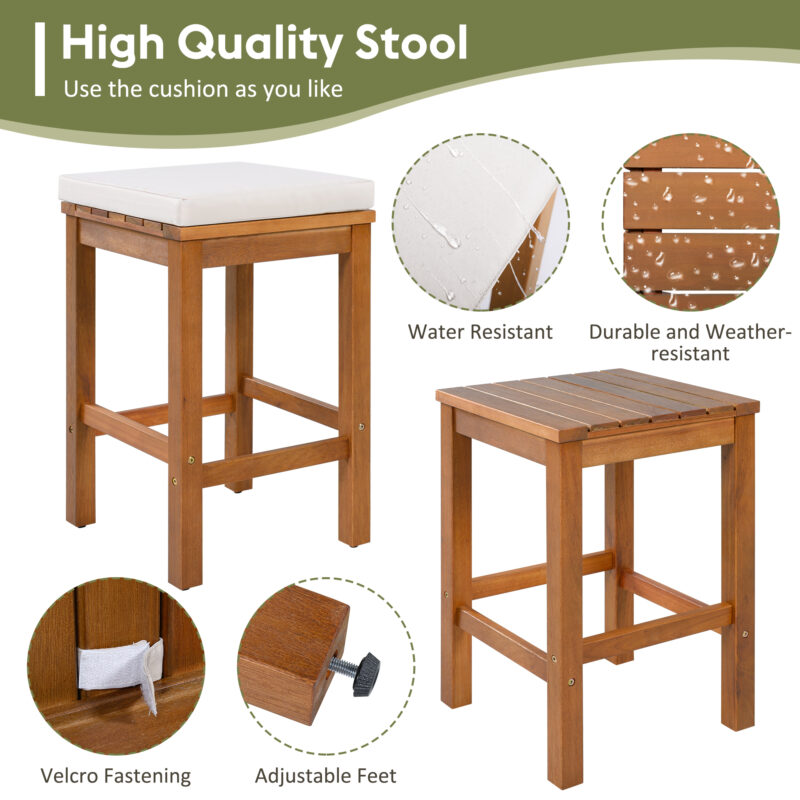 5 Piece Outdoor Bar Set, Patio Acacia Wood Bar Height Table & Four Stools with Cushions, Wood Dining Bar Set for Backyard, Poolside, Balcony, Beige Cushion and Natural Wood - Image 5