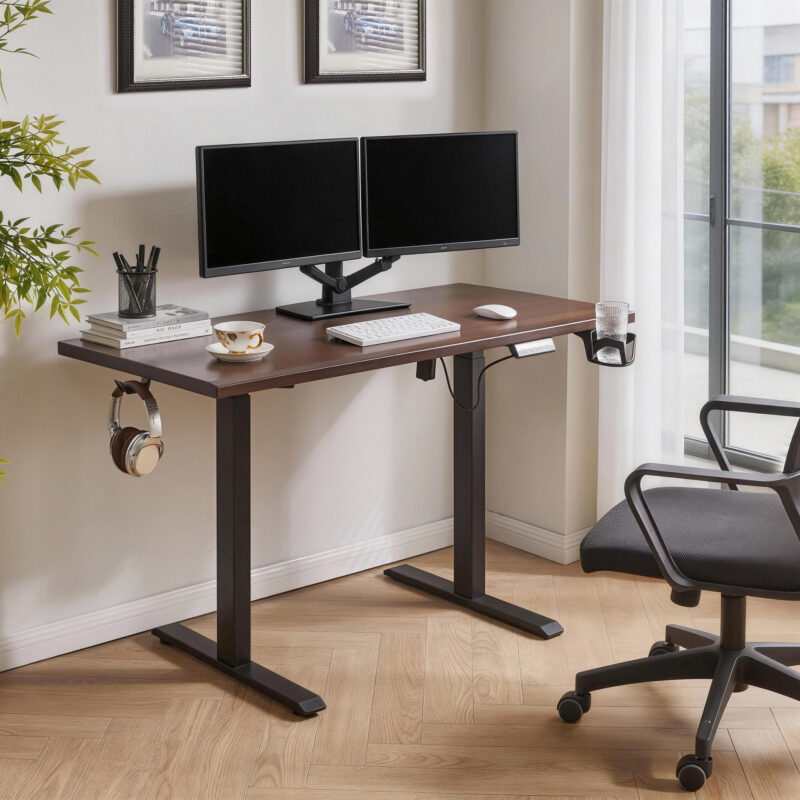 Solid Rubberwood Electric Standing Desk, Adjustable Height Sit Stand Desk with Single Motor, Ergonomic Home Office Desk with 2-Tier Legs - Image 7