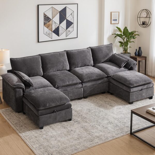 108" Sectional Couches for Living Room, U Shaped Cloud Couch Sectional with Ottoman Storage, Modular Sectional Sofa with Pillow, Deep Seater Sofa for Living Room (Gray, 4 Seater with 2 Ottoman)