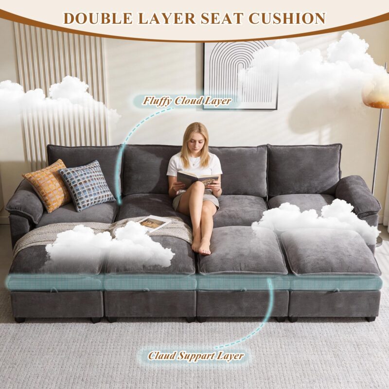 108" Sectional Couches for Living Room, U Shaped Cloud Couch Sectional with Ottoman Storage, Modular Sectional Sofa with Pillow, Deep Seater Sofa for Living Room (Gray, 4 Seater with 2 Ottoman) - Image 4