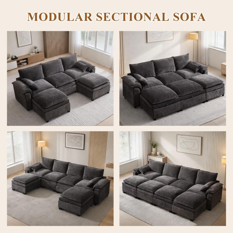 108" Sectional Couches for Living Room, U Shaped Cloud Couch Sectional with Ottoman Storage, Modular Sectional Sofa with Pillow, Deep Seater Sofa for Living Room (Gray, 4 Seater with 2 Ottoman) - Image 9