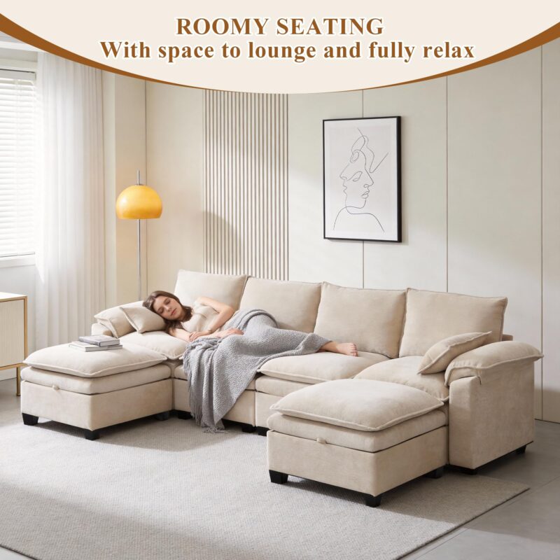 Modern Loveseat Sofa for Living Room, Comfy Chenille Deep Seat Cloud Loveseat Couch with Ottoman, Easy Assembly for Small Spaces, Bedroom, Apartment and Office, Beige - Image 6