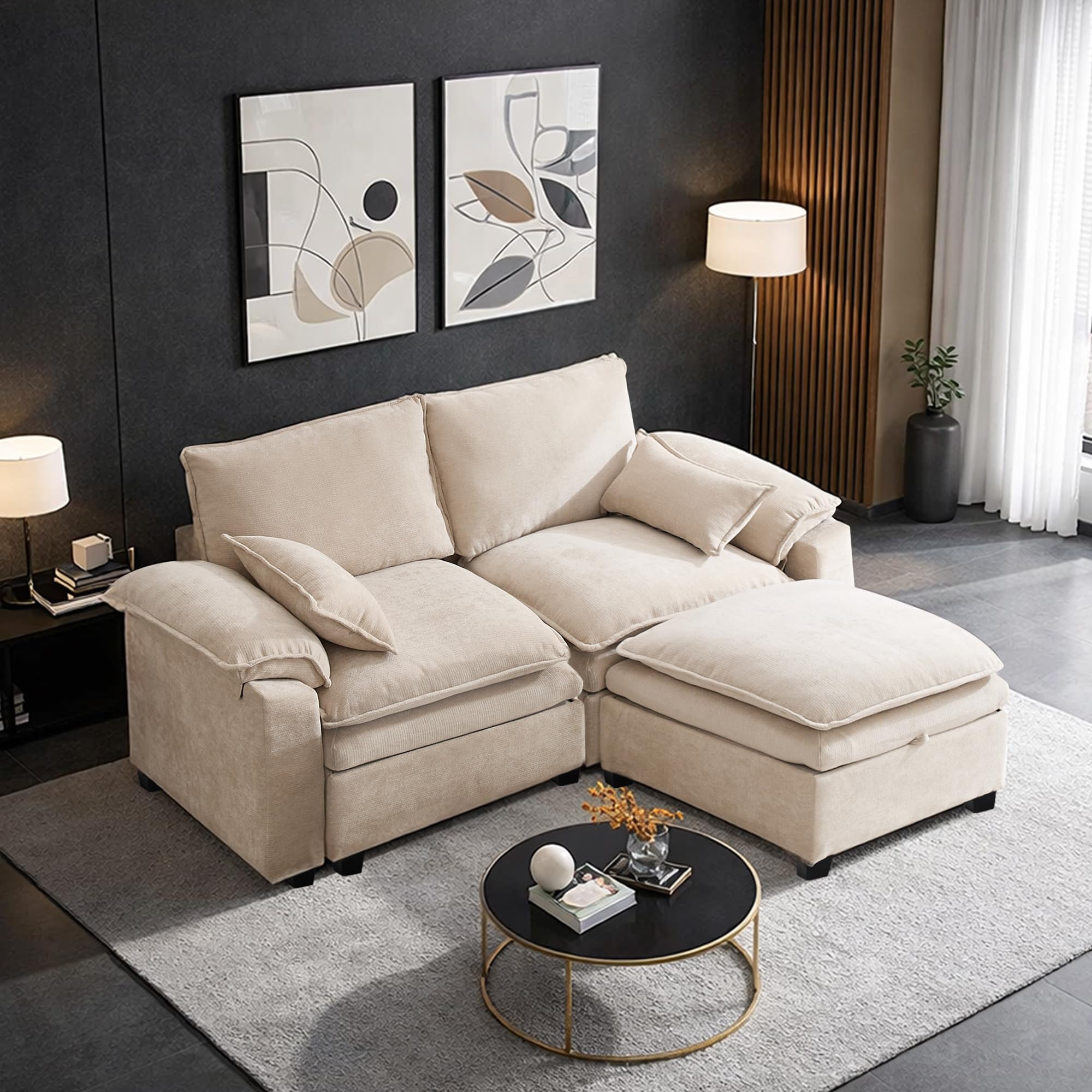 6061 米201 Modern Loveseat Sofa for Living Room, Comfy Chenille Deep Seat Cloud Loveseat Couch with Ottoman, Easy Assembly for Small Spaces, Bedroom, Apartment and Office, Beige - Image 1