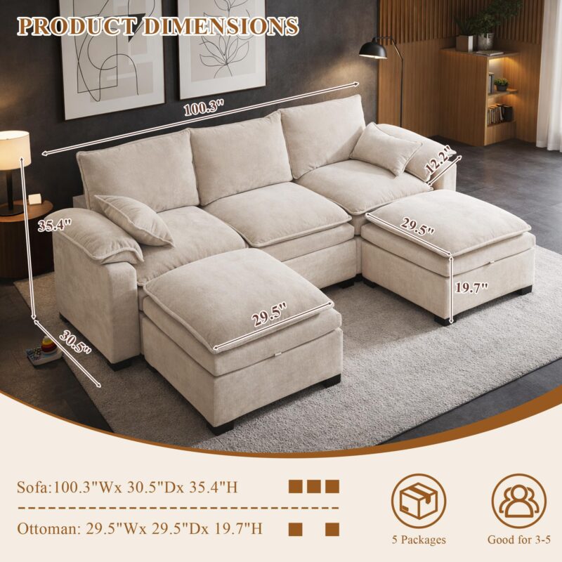 108" Sectional Couches for Living Room, U Shaped Cloud Couch Sectional with Ottoman Storage, Modular Sectional Sofa with Pillow, Deep Seater Sofa for Living Room (Beige, 3 Seater with 2 Ottoman) - Image 2