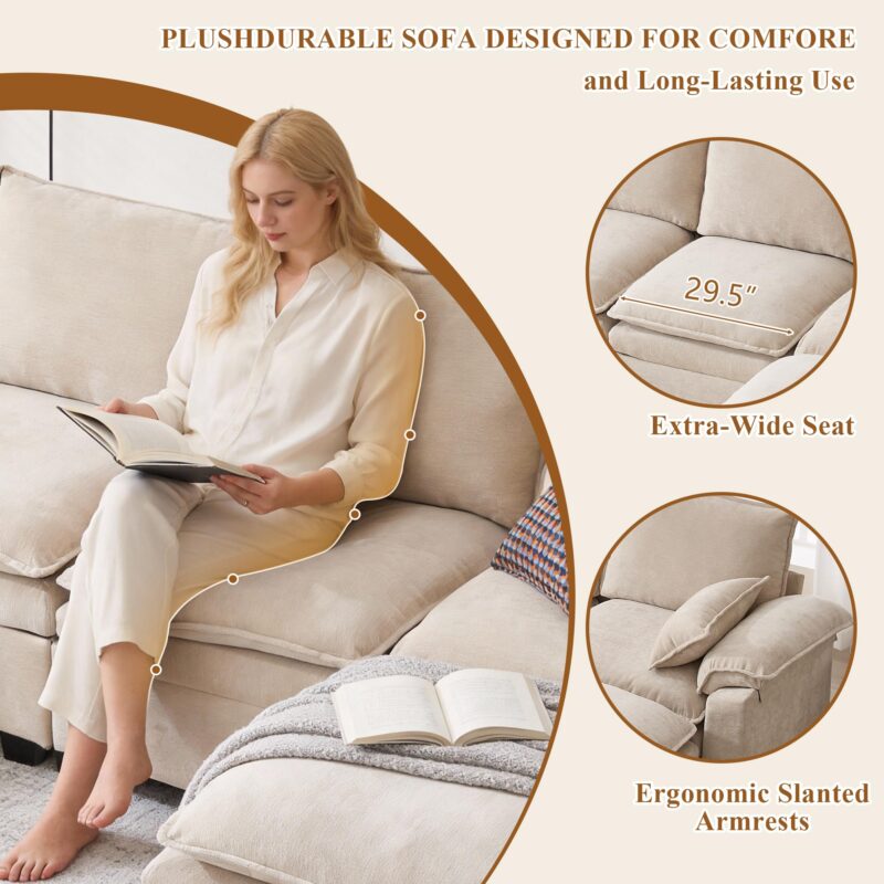 108" Sectional Couches for Living Room, U Shaped Cloud Couch Sectional with Ottoman Storage, Modular Sectional Sofa with Pillow, Deep Seater Sofa for Living Room (Beige, 3 Seater with 2 Ottoman) - Image 4