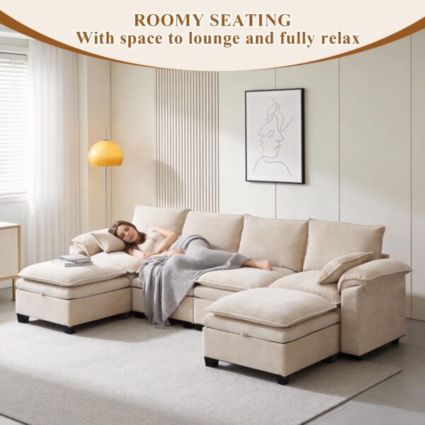 108" Sectional Couches for Living Room, U Shaped Cloud Couch Sectional with Ottoman Storage, Modular Sectional Sofa with Pillow, Deep Seater Sofa for Living Room (Beige, 3 Seater with 2 Ottoman)