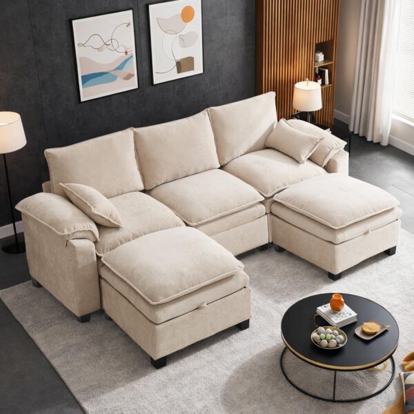 108" Sectional Couches for Living Room, U Shaped Cloud Couch Sectional with Ottoman Storage, Modular Sectional Sofa with Pillow, Deep Seater Sofa for Living Room (Beige, 3 Seater with 2 Ottoman)